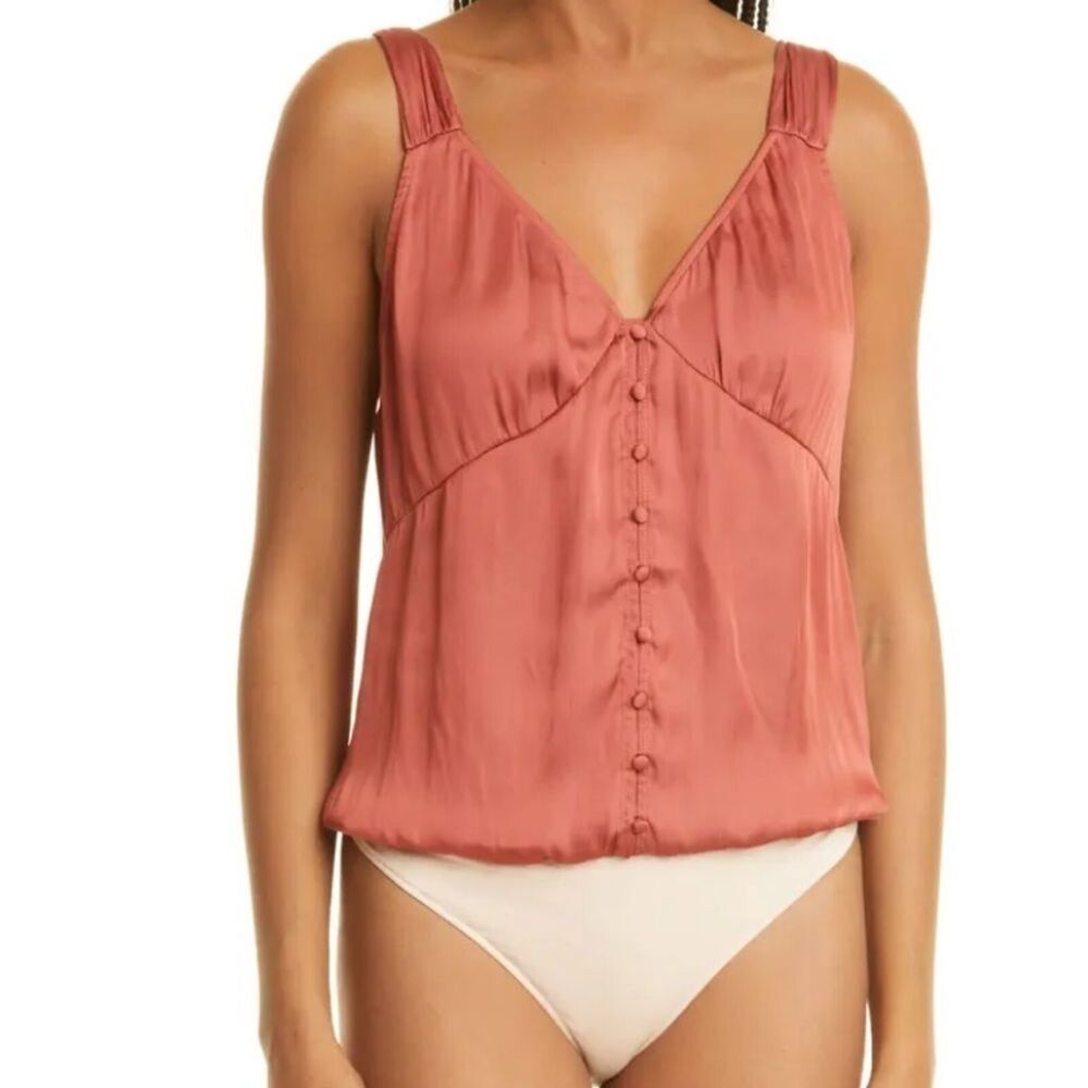 NWOT Paige Kessley Muted Clay Satin V-Neck Button Front Thong Bodysuit Size Med - Picture 8 of 16